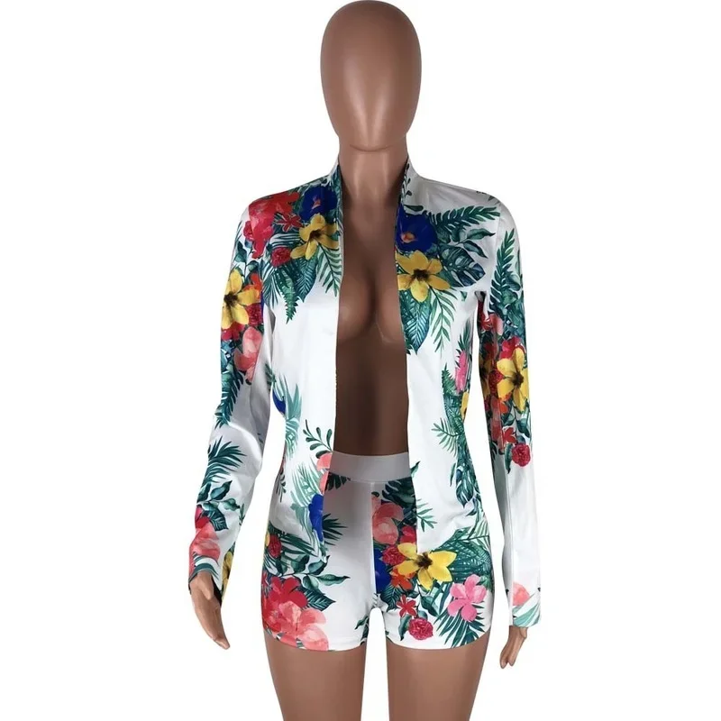 Blazer de bureau décontracté sans boutons pour femmes, short taille haute, imbibé de bande élastique, blazer floral d\'été, ensemble 2 pièces, mode