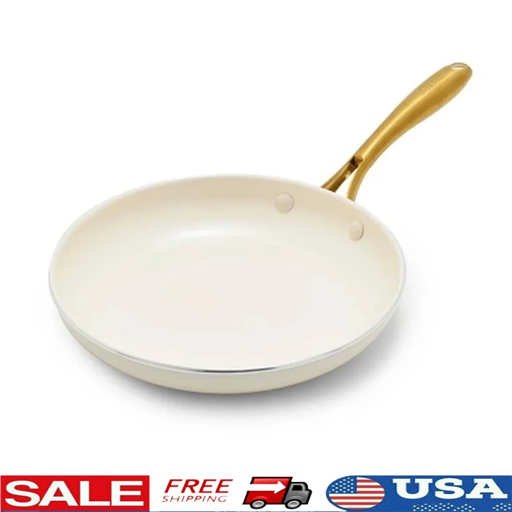 

Ceramic Nonstick Aluminum Fry Pan 10 Inch Dishwasher Safe Heavy Gauge Cookware Healthy Cooking Surface Gold Tone Handles