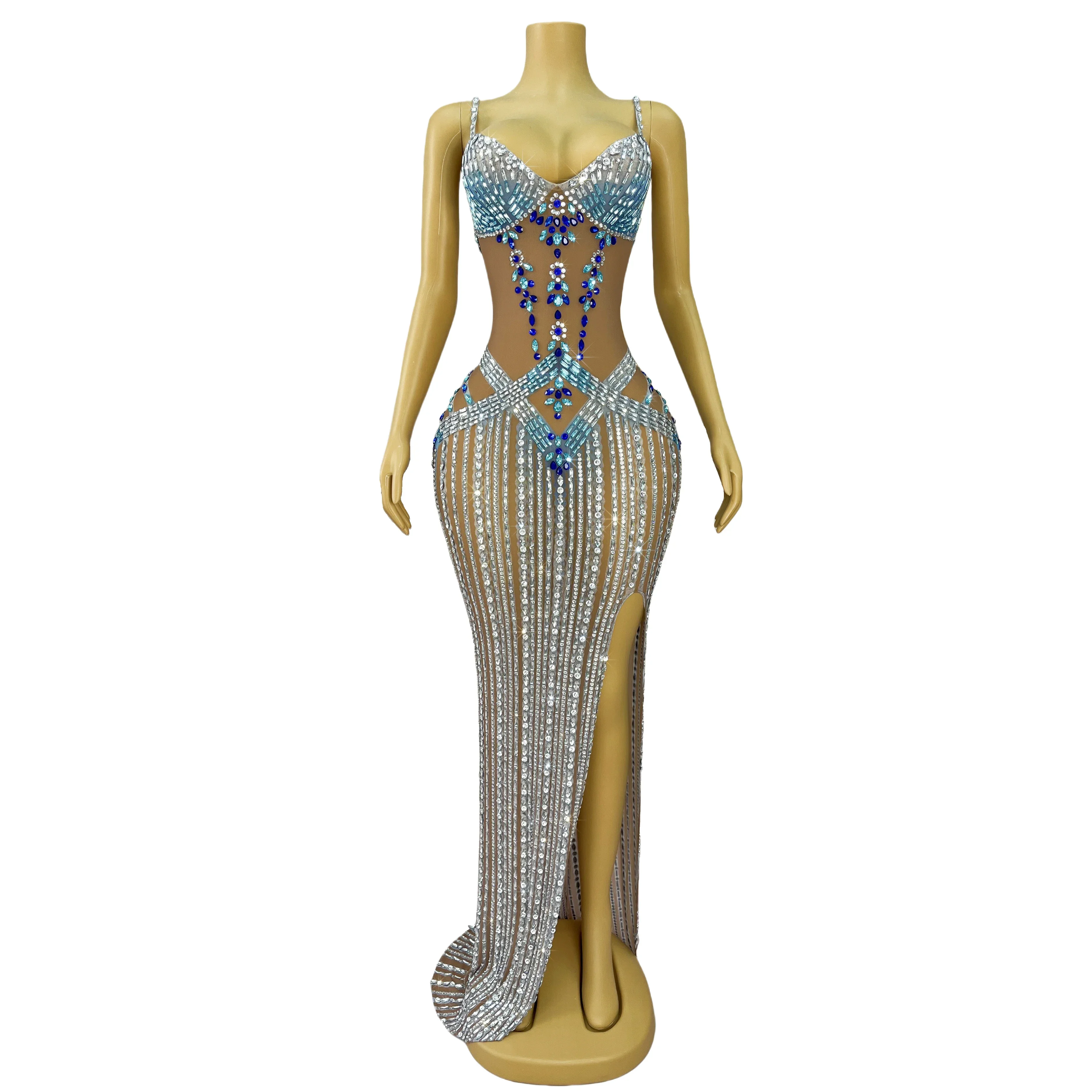 

Luxury Elegant Shining Rhinestones Gown Suspenders Mesh High split Long Dress Women Evening Prom Red carpet Show Costume Jingyu