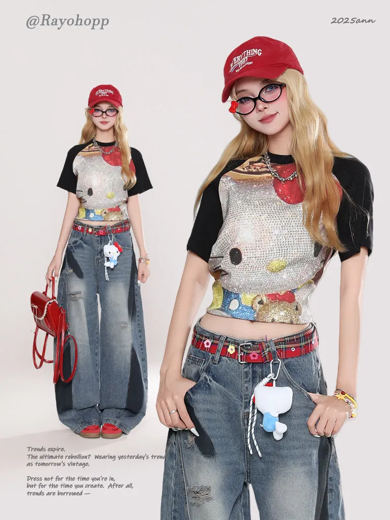 

Hello Kitty New Anime Girls Fashion Short Tops Y2K Summer Sanrio Cute Tees Cartoon Printed High Street Fun Short Sleeve T-Shirts