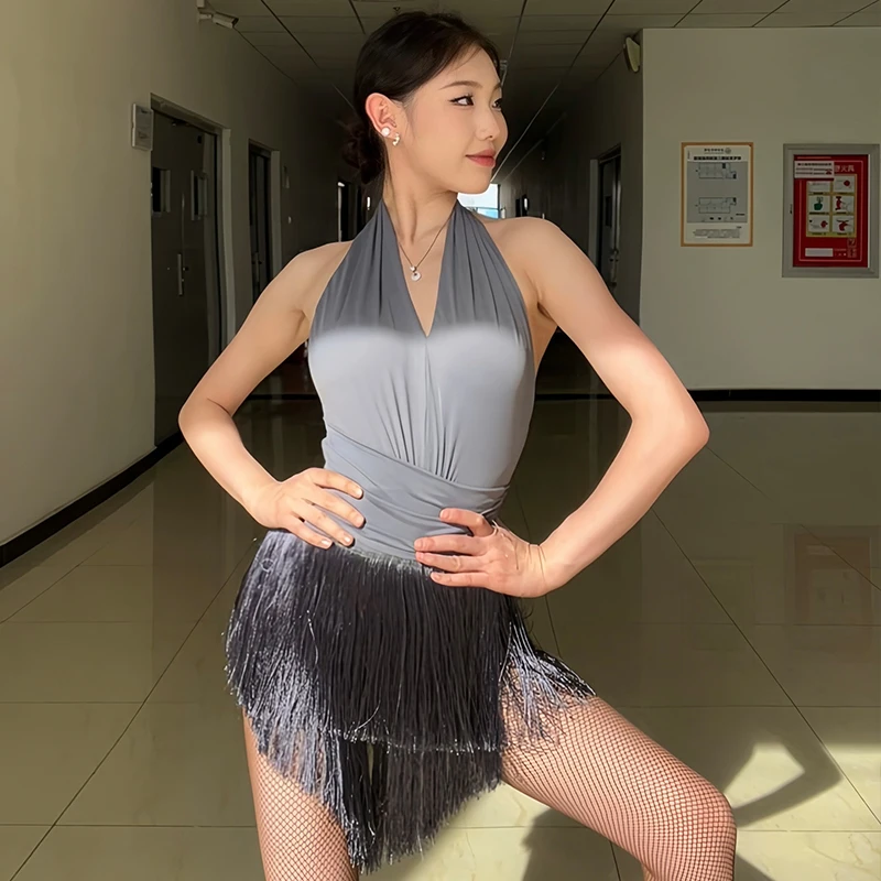 

Adult Fringe Latin Dresses Gray Sleeveless Dance Dress Summer Halter Performance Stage Wear Women Cha Hca Rumba Stage Wear 3304