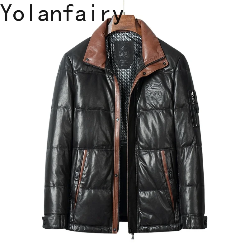 YOLANFAIRY Genuine Sheepskin Leather Down Jacket Winter Contrasting Color Short Down Coat Stand Collar Warm Puffer Jackets 6XL