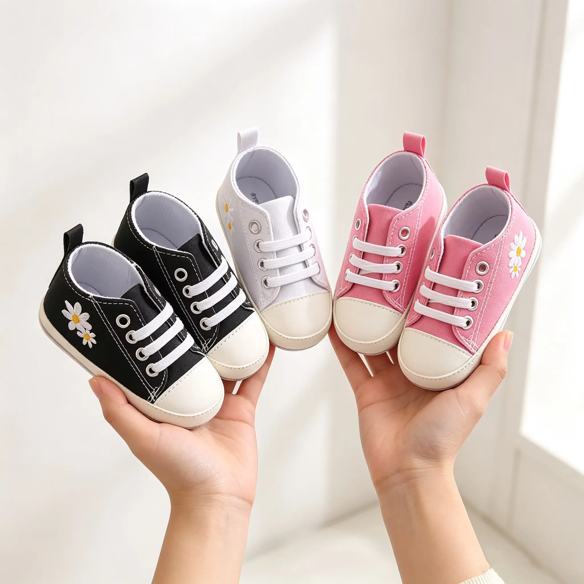 Spring And Autumn 0-18M Baby Walking Shoes Anti Slip Baby Daisy Embroidery Canvas Shoes Breathable Soft Soled Shoes Casual