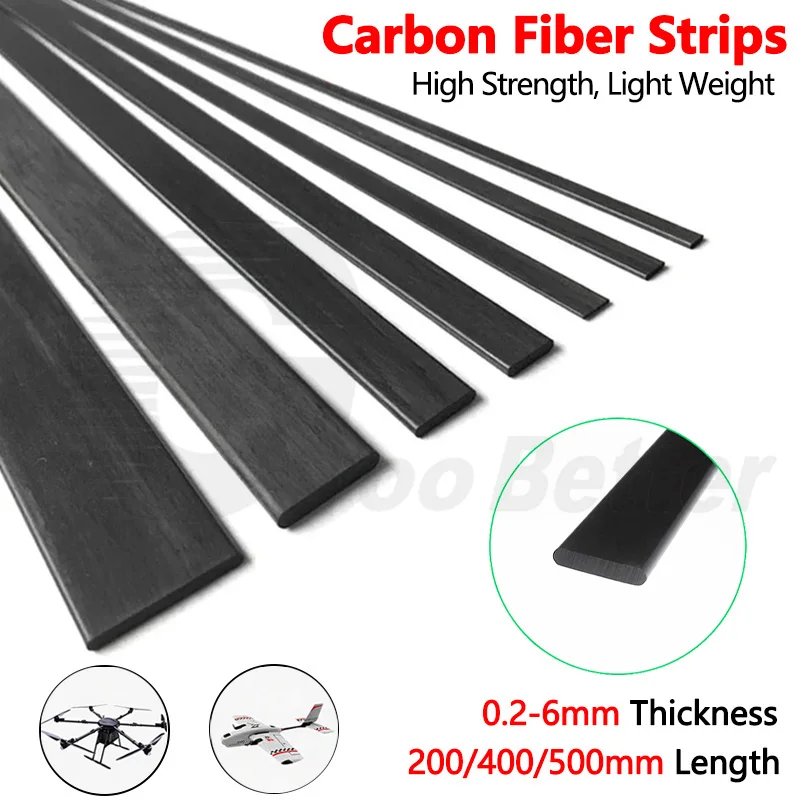 Carbon Fiber Sheet Strip Flat Bar 0.2-6mm Thick Solid Pultruded for RC Model Airplane Drone & DIY Crafts 200mm 400mm 500mm Long