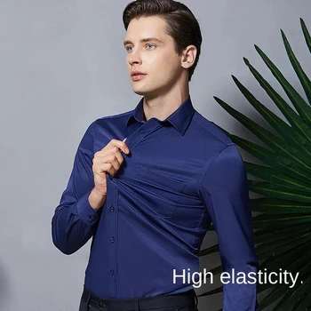 Men's Long Sleeved Elastic Shirt Non Ironing Casual Business Dress Professional Work Attire Slim Fit Navy Office Menswear 100KG 4