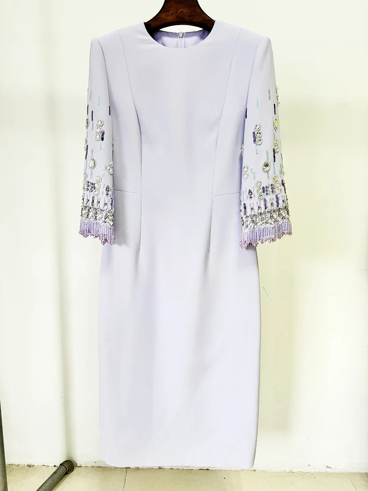 أحدث صيحات الموضة عالية الجودة 2025 S/S مصمم فستان نسائي نصف كم مذهل مطرز بالألماس فستان متوسط الطول vestidos para mujer