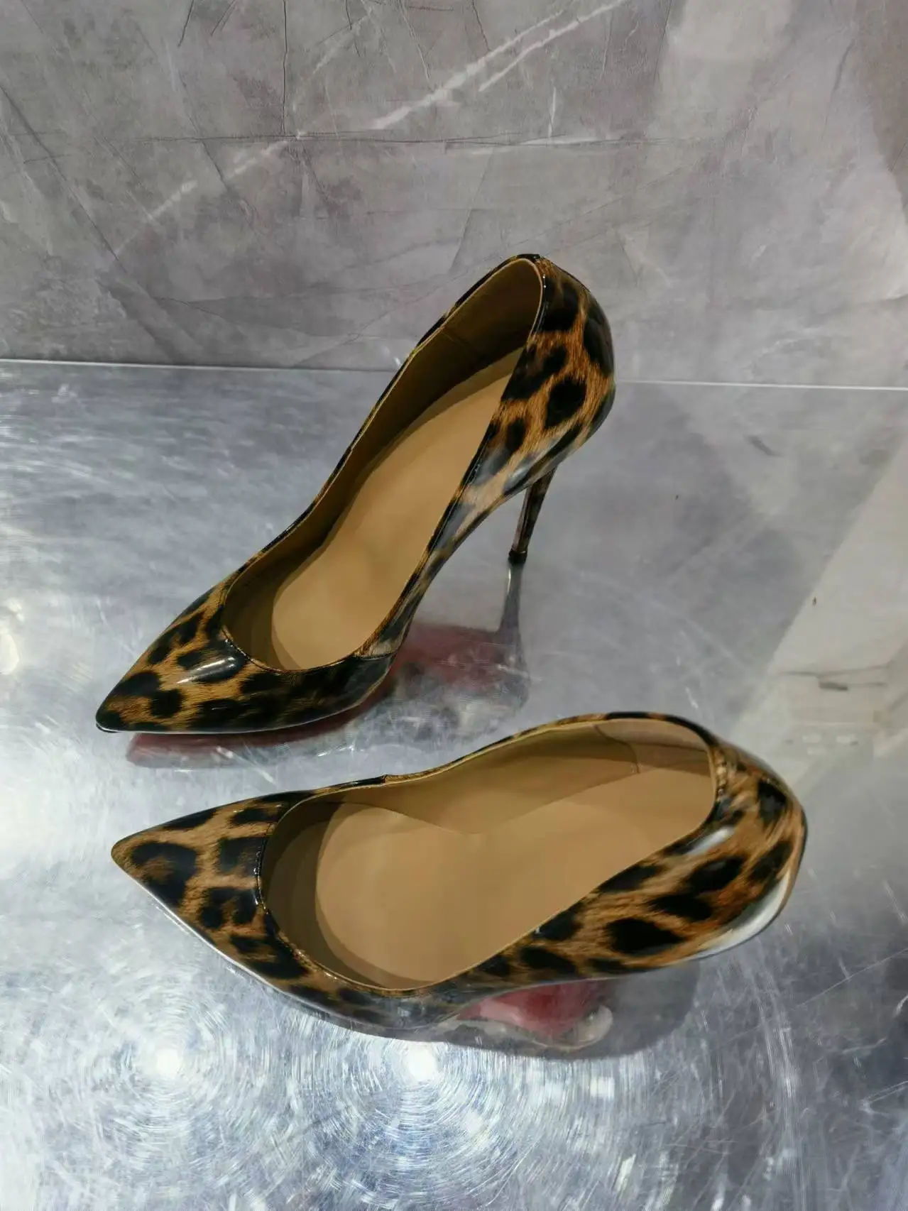 Woman Leopard Print Leather Single Pumps Stiletto Heel 10Cm 12Cm Female Thin High Heel Slip On Wedding Party Single Shoes