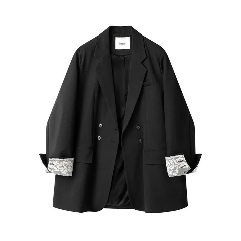 Elegant Lace Sleeve Cuff Patchwork Loose Fit Retro Double Buttoned Suit Jacket Spring  Korean Style Commute Wind Polyest...