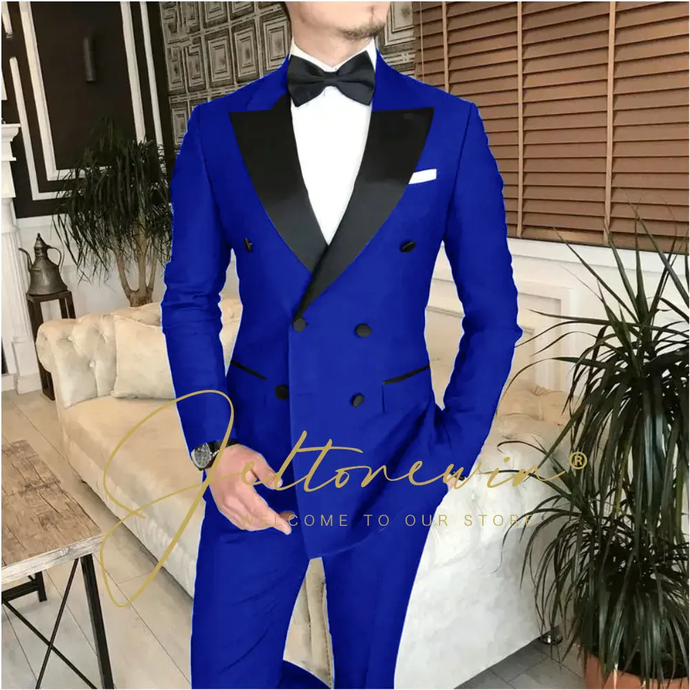 Navy Blue Double Breasted Men's Suit Tailored 2-Piece Clothing Fashion Men's Wedding Groom Suits Best Man Dinner Party Tuxedo