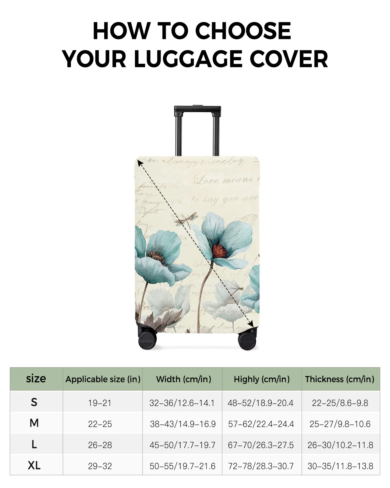 Rustic Vintage Green Floral Dragonfly Butterfly Luggage Cover Stretch Baggage Dust Cover for 18-32 Inch Travel Suitcase Case