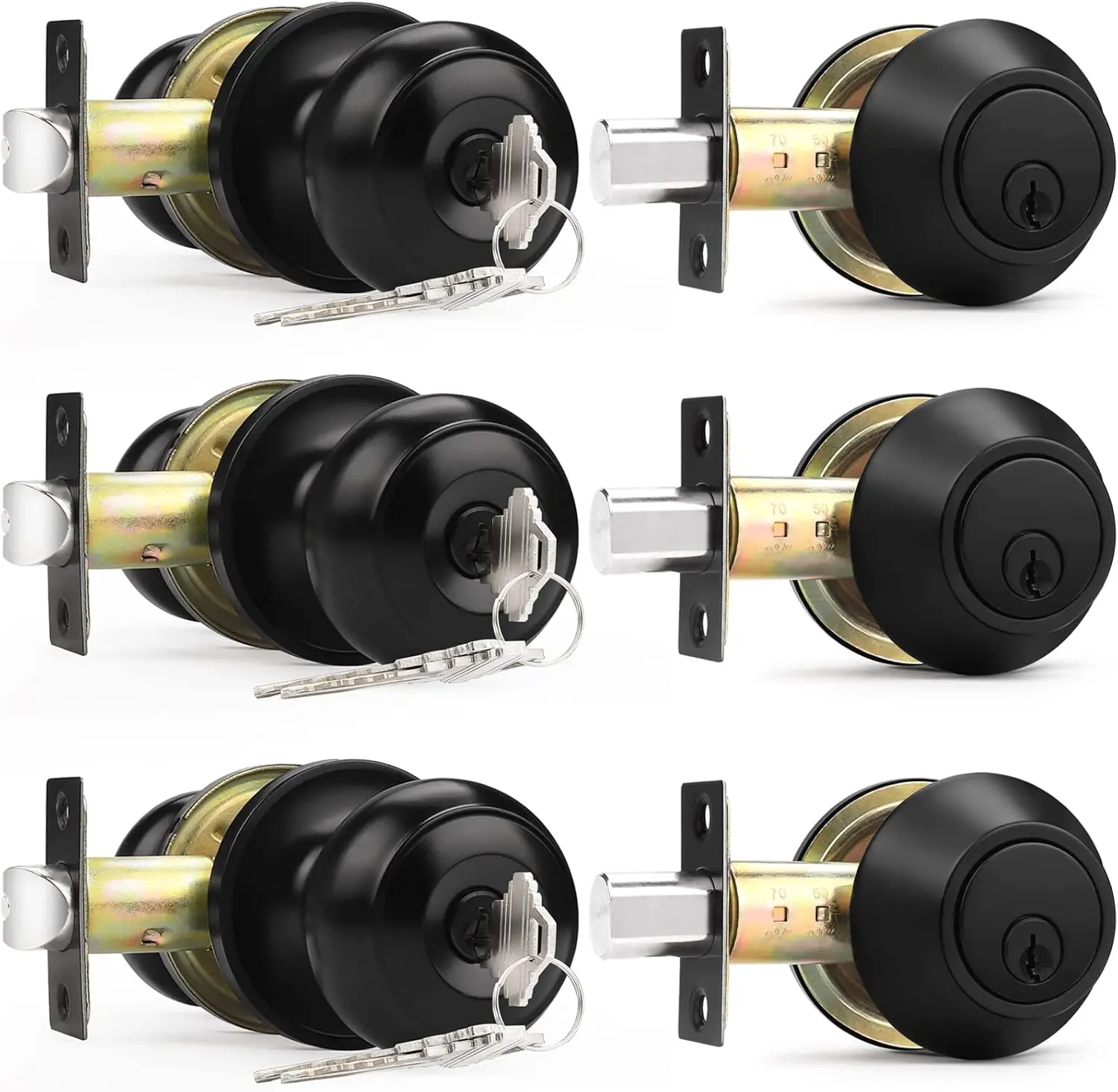 Entry Door Knob Lock Set with Single Cylinder Deadbolt, 3-Pack Keyed Alike in Flat Black Finish