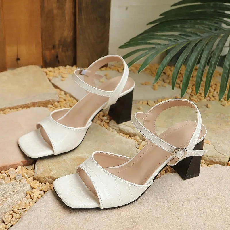 Square Toe Block Heel One Buckle Strap Open Toe Sandals New Versatile Patent Leather Plus Size Wide Shoes for Women