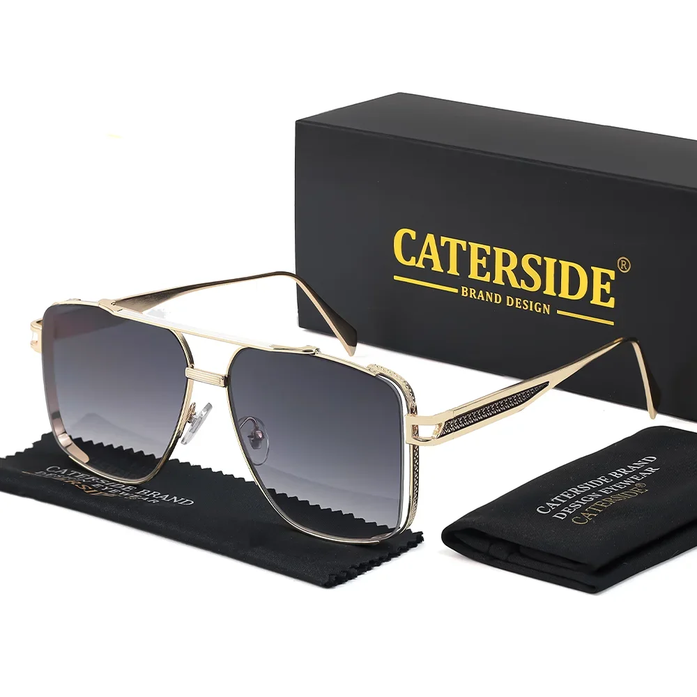 CATERSIDE Übergroße quadratische Sonnenbrille für Herren, Metallrahmen, flache Oberseite, Doppelbrücke, Pilotenbrille, Damen-Reise- und Fahrbrille
