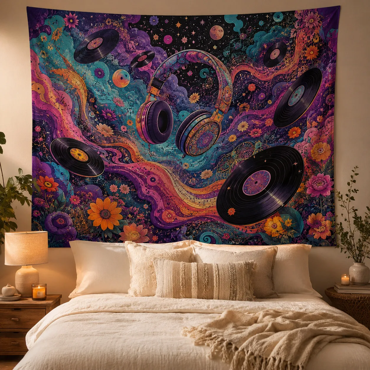 Psychedelic Wall Tapestry Retro Vinyl Records Wall Hanging Trippy Music Headphone Aesthetic Room Decor Fabric Tapestries