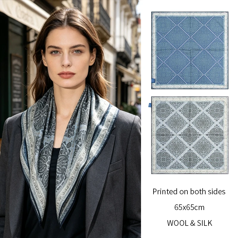 30％シルク（マルベリーシルク）、70％ウールのスカーフ。サイズは65×65cm。リバーシブルで、レトロな花柄の正方形のショール。女性向けのエレガントなネックラップ、アクセサリー、バンダナ。