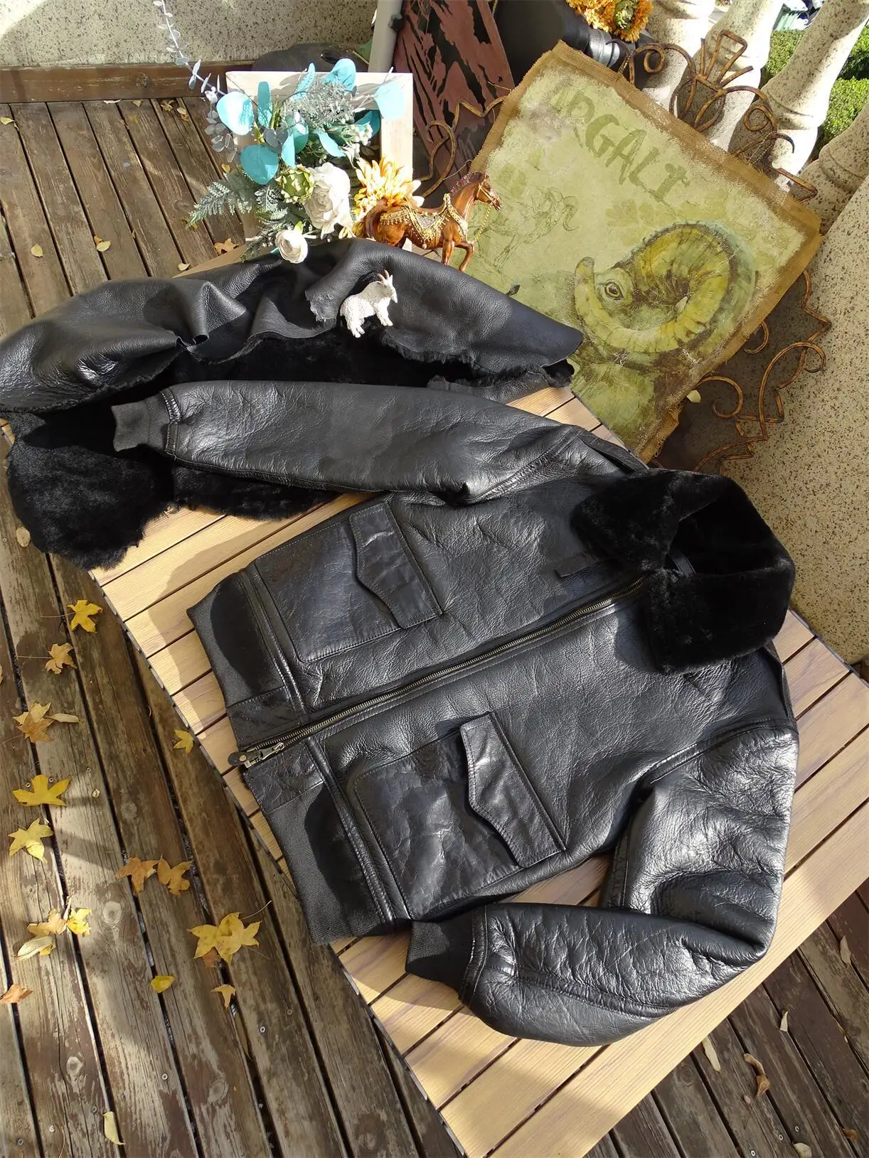 Plant tanned raw sheep fur one large size pilot air Force leather jacket