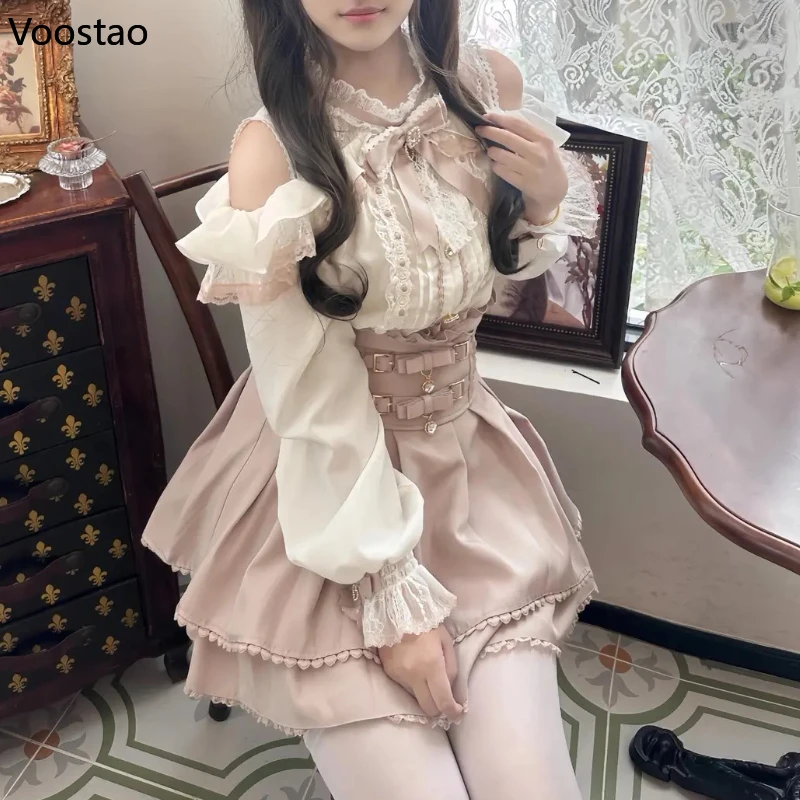 اليابانية Kawaii لوليتا نمط تنورة صغيرة مجموعات النساء الحلو الكشكشة قبالة الكتف القوس قميص التنانير القصيرة Y2k الجمالية لطيف مجموعة كاملة