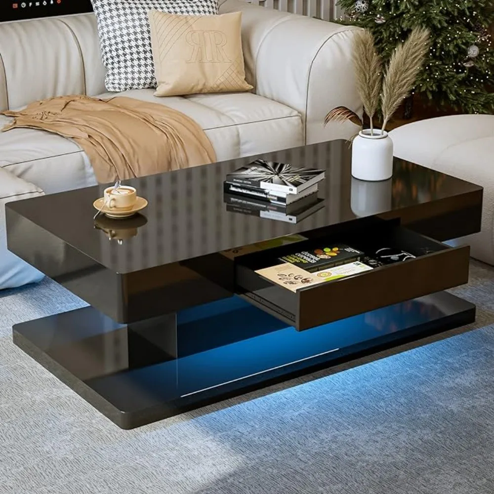 

Coffee Table with Drawer, High Glossy Rectangle Coffees End Tables with 16 Colors LED Lights, Coffee Table