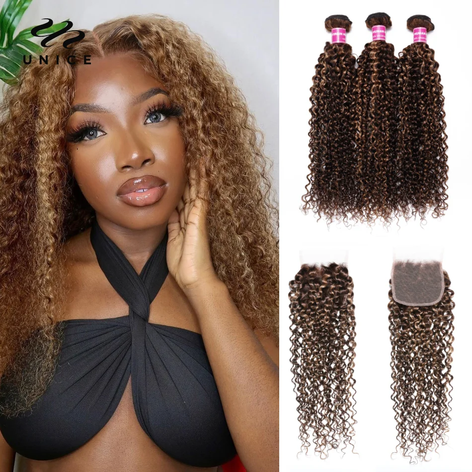 UNice Hair Highlight Blonde Curly Hair 3/4 Bundles With Closure Brazilian Hair Weave Human Hair Extension Remy Hair Bundle Deal