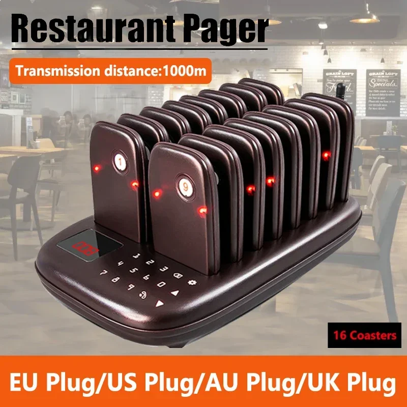 Restaurant Pager Wireless Calling System 16 Vibrator Coasters Buzzer Beeper Receivers For Food Truck Coffee Bar Club Hotel