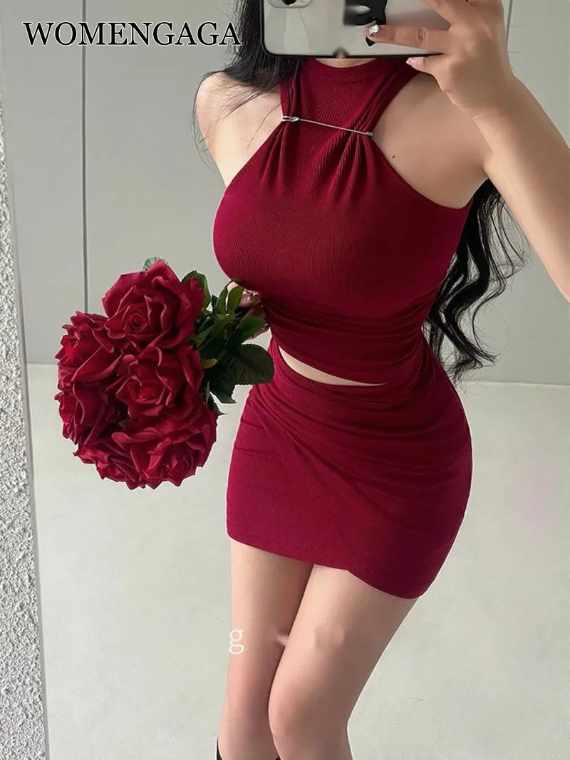 WOMENGAGA Skirts Set Pure Desire Spicy Girl Sexy Pleated Short Cropped Sleeveless Tank Top + High Waist Slim Short Skirt Set 4G7