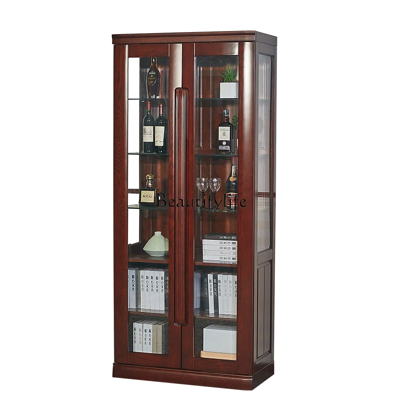

Red sandalwood wine cabinet against the wall oak Chinese solid wood living room wine cabinet