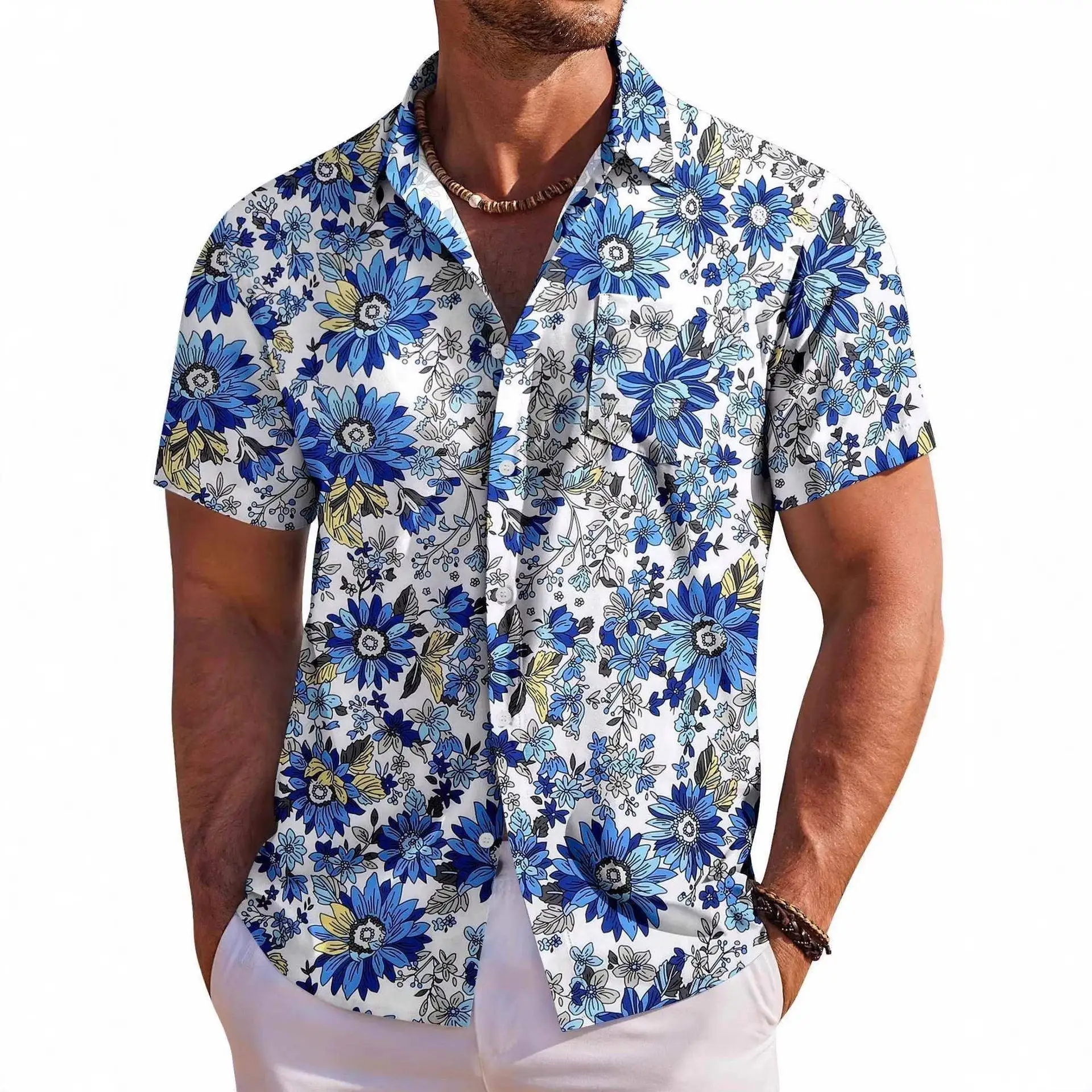 Men's Casual Lightweight Summer Beachwear Button Shirt Sve Print PU Leather Loose Fit Short Sleeve Cleanfit Style for Men