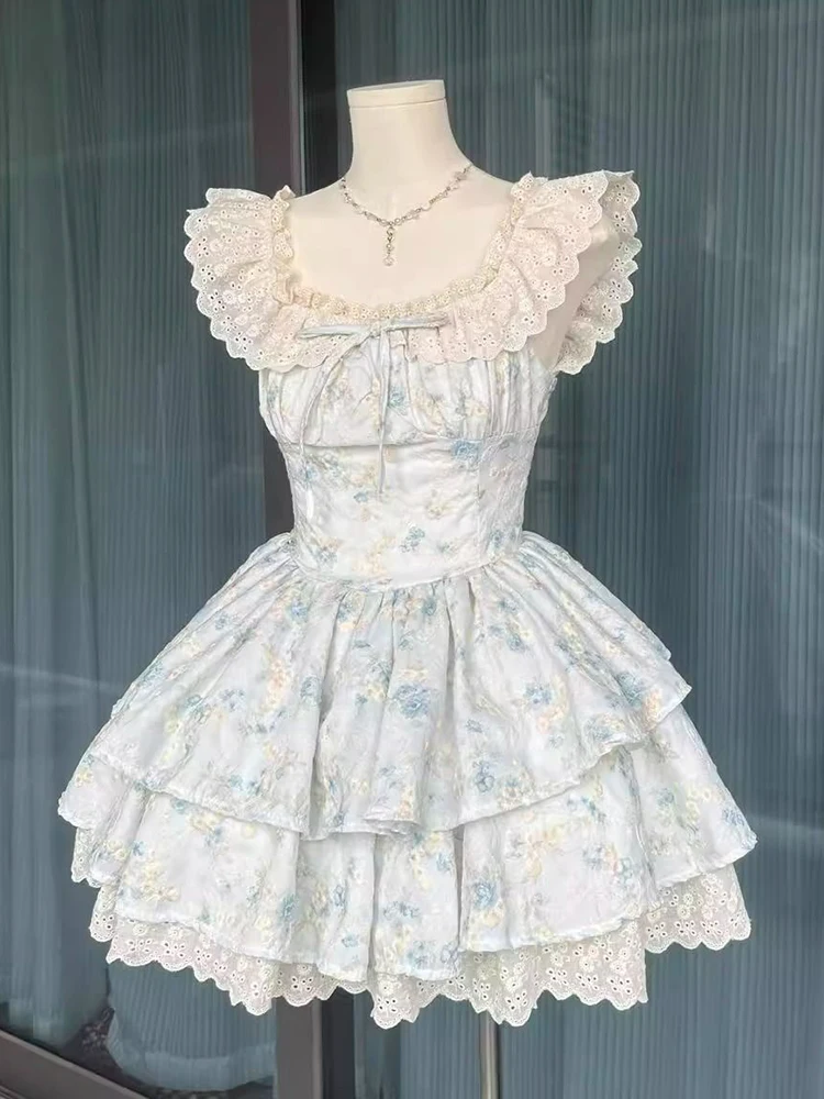 Lolita Zoete Bloemen Jurk Vrouwen Slanke Vliegende Mouw Elegante Leuke Mini Jurk Vintage Casual Kant Patchwork Kawaii Vestidos