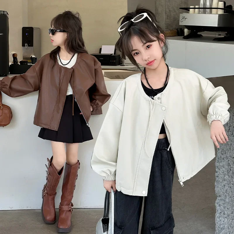 Girls' Spring and Autumn Jacket 2024 New Fashionable Children's Clothing Casual Leather Jacket Girls' Versatile Fashion Jacket