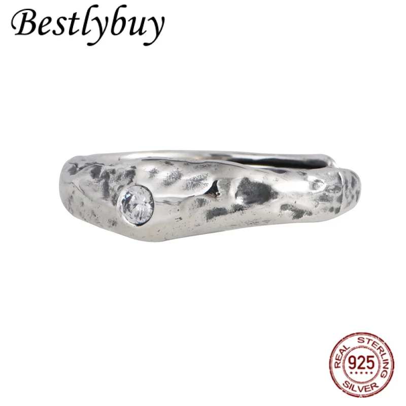 

new Silver Ring Retro Fashion Handmade Hammer Pattern with Zircon Set for Women