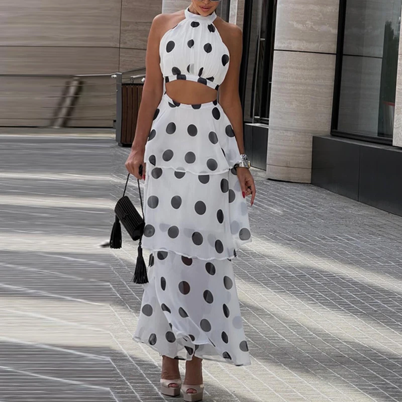 Conjunto de Verano Elegante: Top sin Mangas y Falda con Volantes, Estampado de Puntos Blancos, Cintura Alta, para Fiesta