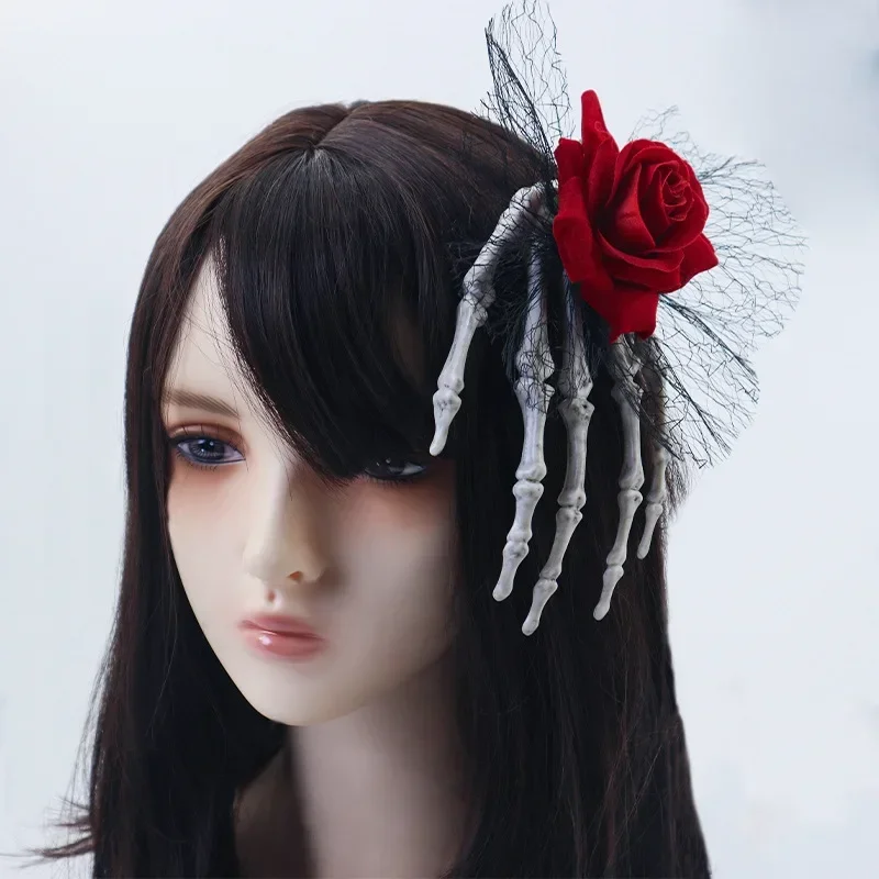 

Terror Hair Clip Halloween Skeleton Hand Palm Headwear Gothic Simulation Rose Lace Yarn Hairpin Horror Atmosphere Costume Prop