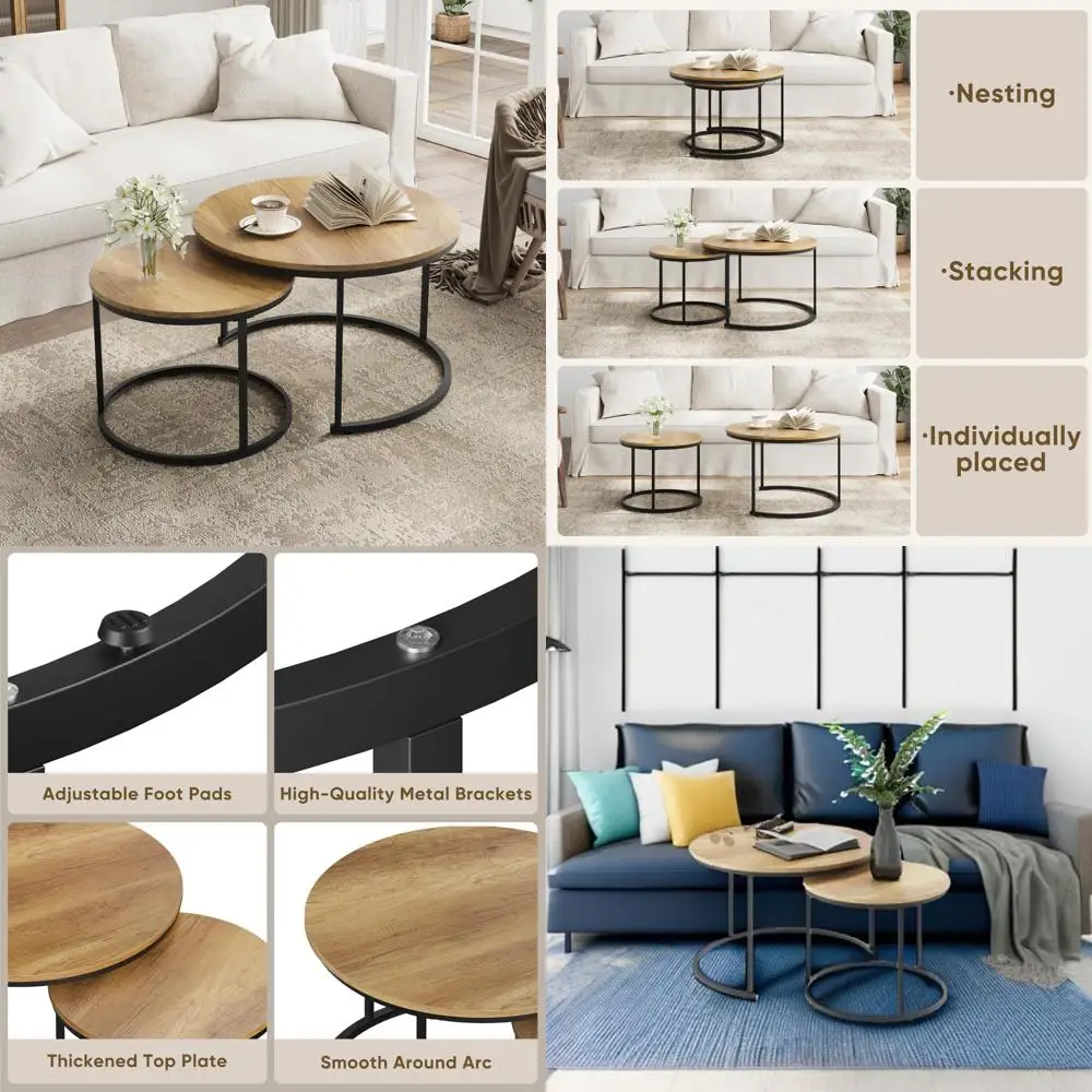 Round Wood Grain Coffee Table Set of 2 with Adjustable Feet, Industrial Style, Non-Slip Stability, Nesting End Tables