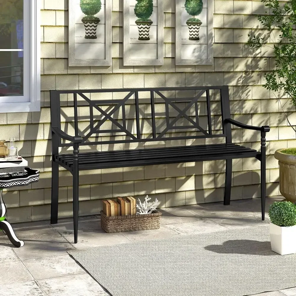Durable Outdoor Bench with Backrest, Curved Armrests, Non-Slip Foot Pads, Slatted Seat for 2-3 People, 660lbs Capacity, Suitable