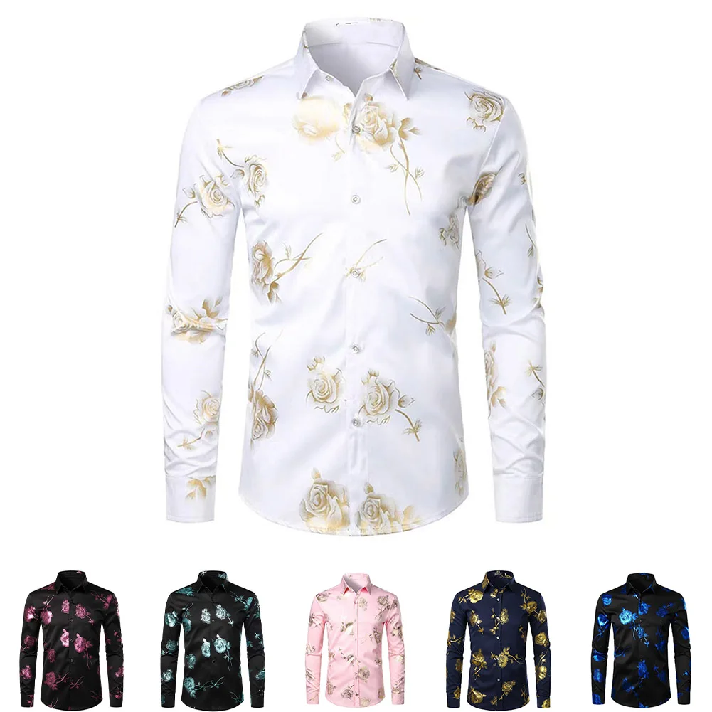 

Men's Casual Shirts Long Sleeve Turn Down Collar Vintage Shirts Stretch Buttoned Male Print Blouse Fashion