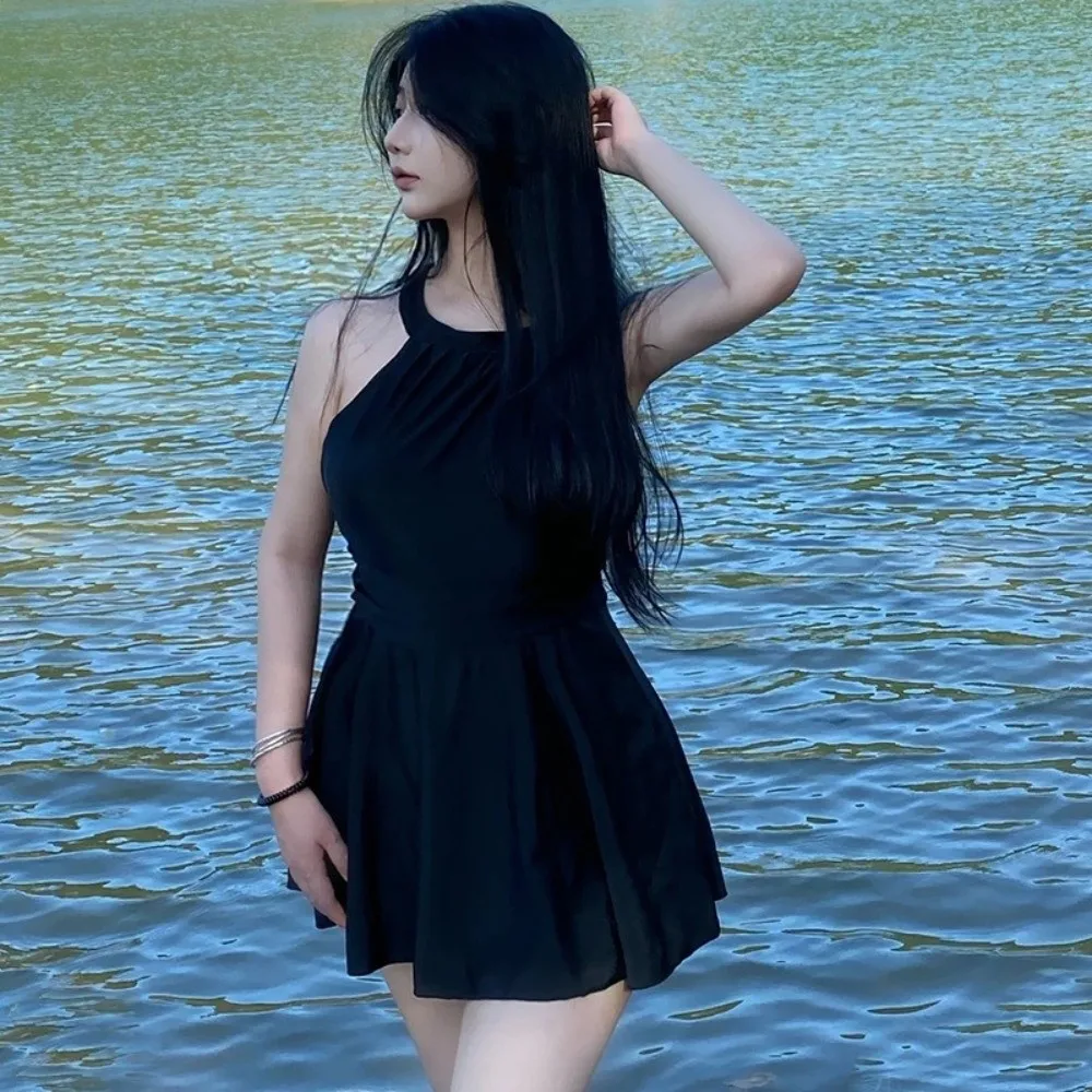 Fashion Slim Fit Backless Skirt Swimsuit Pleated Sleeveless Hot Spring Swimwear Beachwear Hanging Neck Swimsuit Summer