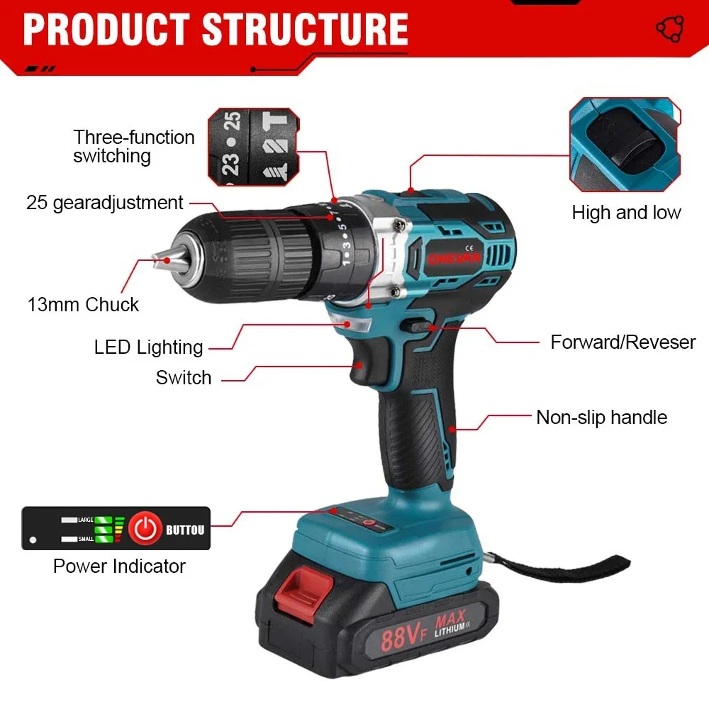 ONEVAN 1000W Brushless Electric Impact Drill 450NM 25+3 Torque 3 in 1 Electric Cordless Screwdriver Tool For Makita 18v Battery