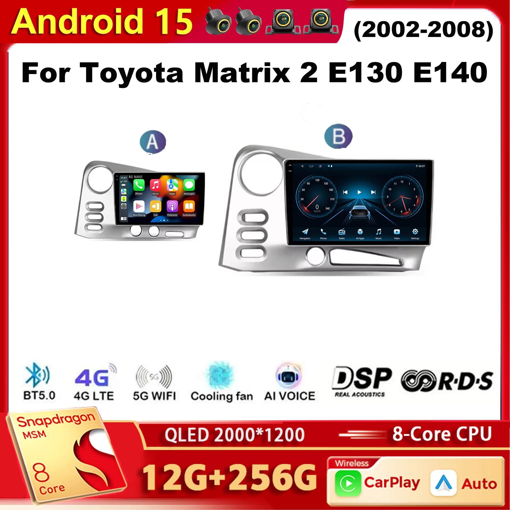 

Android 15 Qualcomm Car Radio Multimedia Player For Toyota Matrix 2 E130 E140 2002-2008 Auto Carplay Car Stereo wifi+4G Ai voice