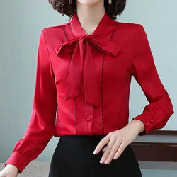 Korean Elegant Lace Up Button Shirt Female Autumn Winter Fashion Solid Color Office Lady Long Sleeve Bow Blouse Women's Clothing