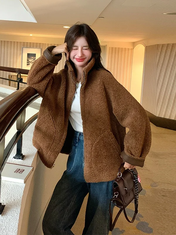 Double-Sided Wear Lamb Fur Jaet Women's ort Sle Retro Fluffy Lamb Velvet Warm Thiened Zipper Casual Faion