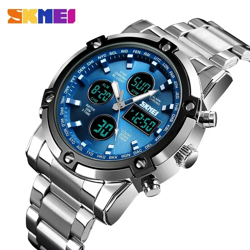 Skmei 3 Time Back Light Display Digital Watches Mens Full Steel Strap Quartz Wristwatch Countdown Clock Relogio Masculino