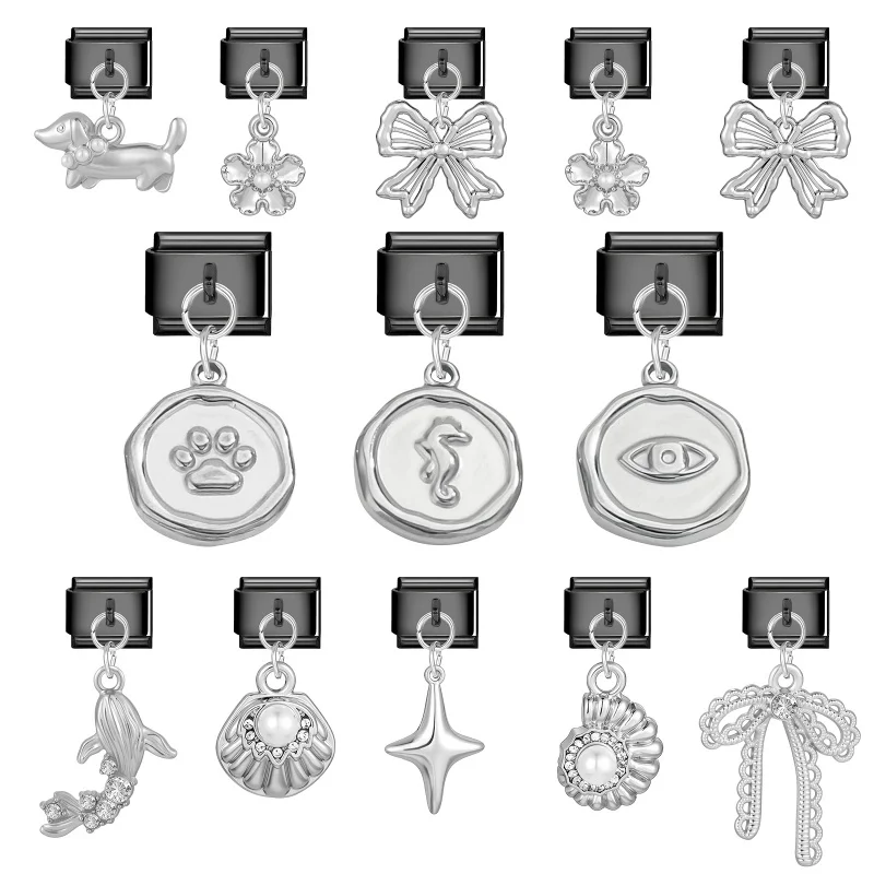 Y2K Ocean Series Starfish Conch Pearl Flower Dog Bow Pendant Italian Black Charms Fit 9MM Stainless Steel Bracelet DIY Making
