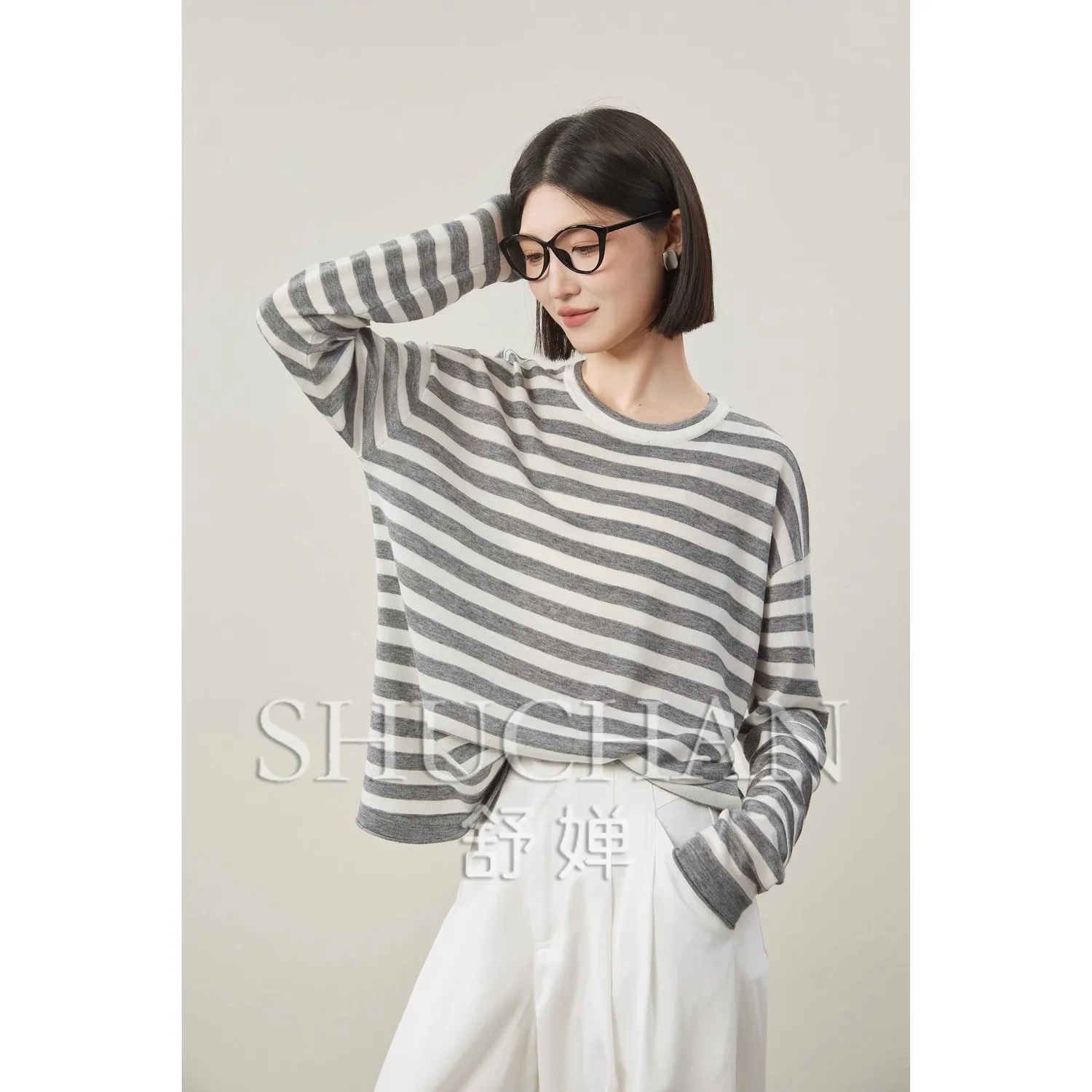 Classic Wool Blended Contrasting Color Round Neck Basic Striped Knitted T Shirt Women Long Sleeve Top