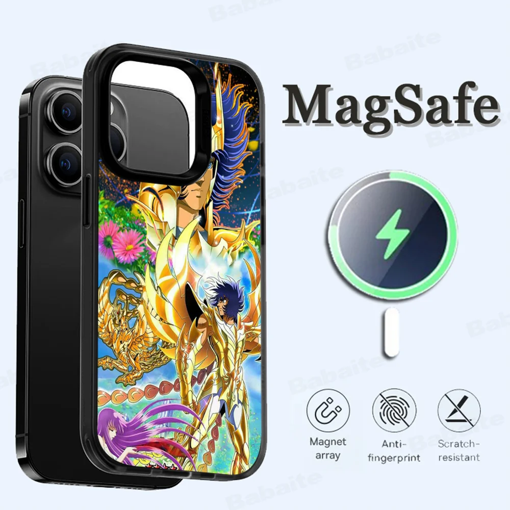 Saint Seiya Anime Black Phone Case Magnetic Case For iPhone 16 14 13 12 11 15 Pro Max Plus For Magsafe Wireless Charge Cover