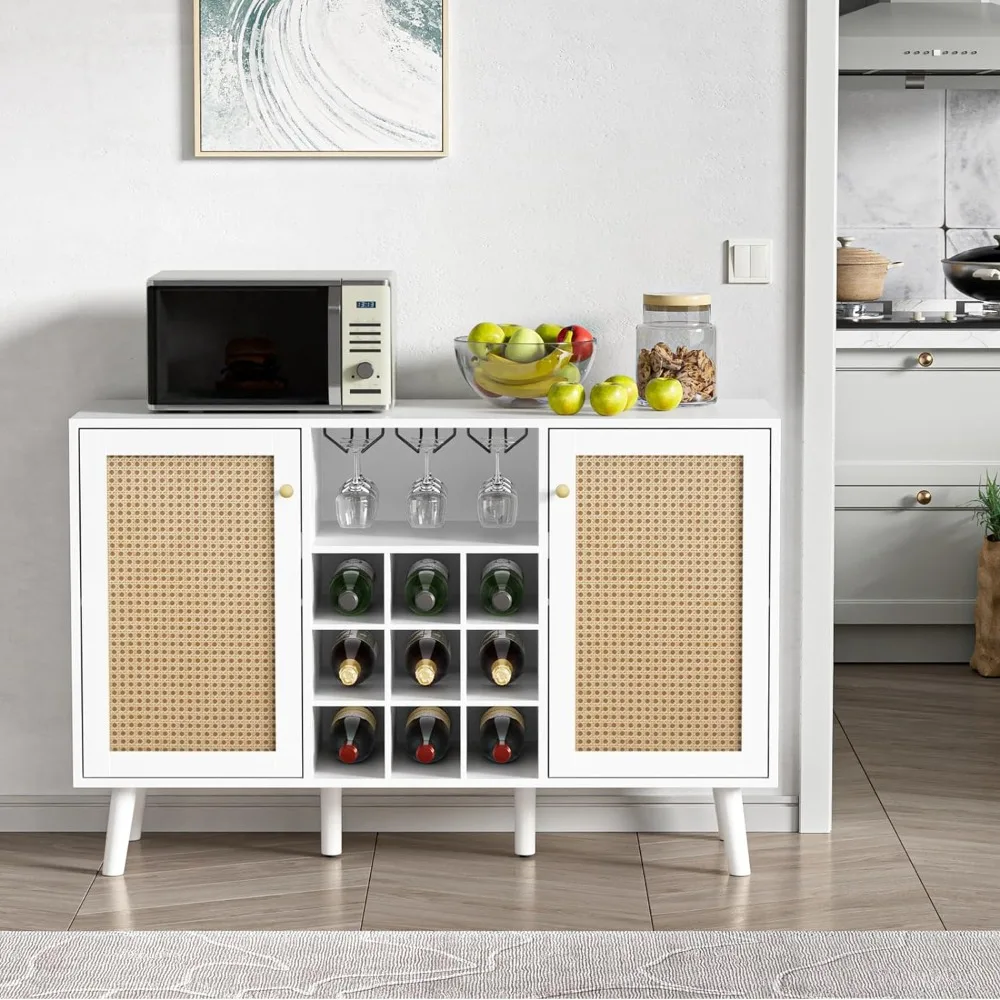 Rattan Wine Bar Cabinet with 2 Door, Farmhouse Liquor Cabinet with Wine Rack and Glass Holder, Rustic Oak Sideboard Buffet