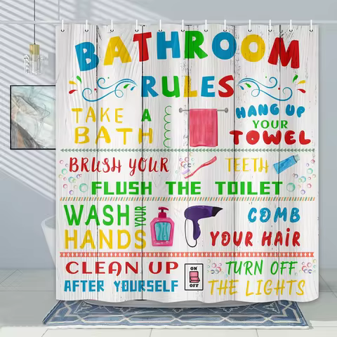 VIKAMA Bathroom Rules Funny Slogan Shower Curtain, Colorful Cartoon Print Waterproof Family Bathroom Partition Curtain