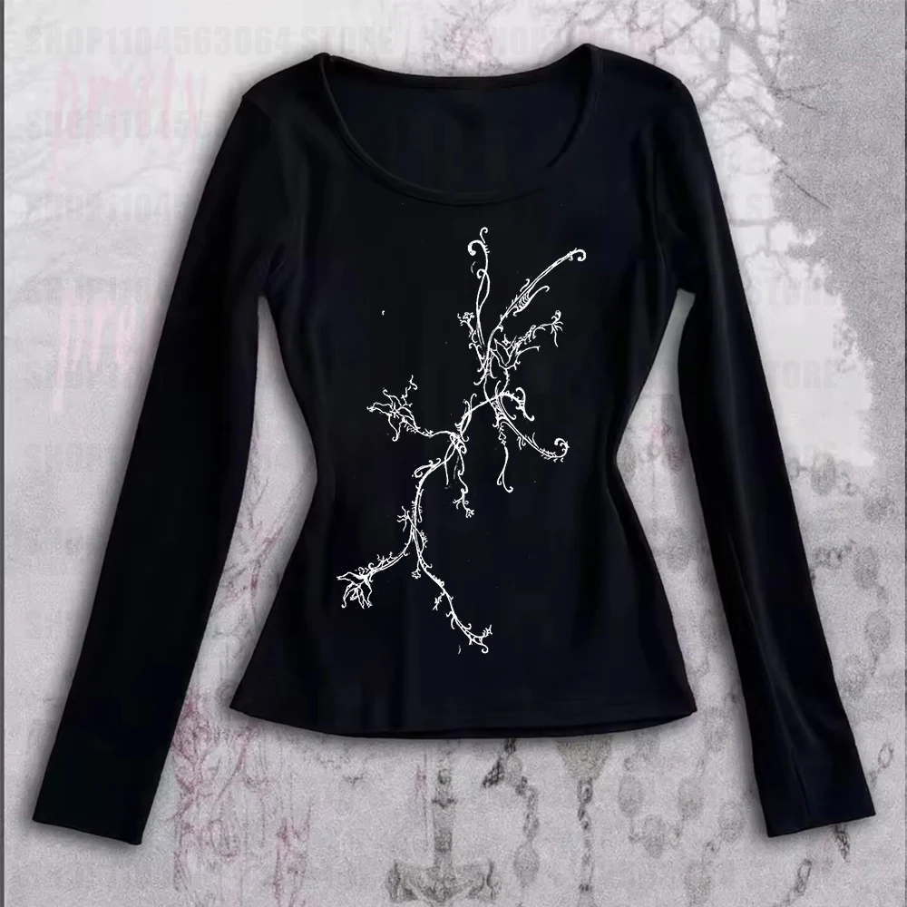 

Y2K Harajuku Aesthetic Gothic Long Sleeve Tee Character Slim Design letters Print Casual Top Grunge Punk Hip Hop Streetwear