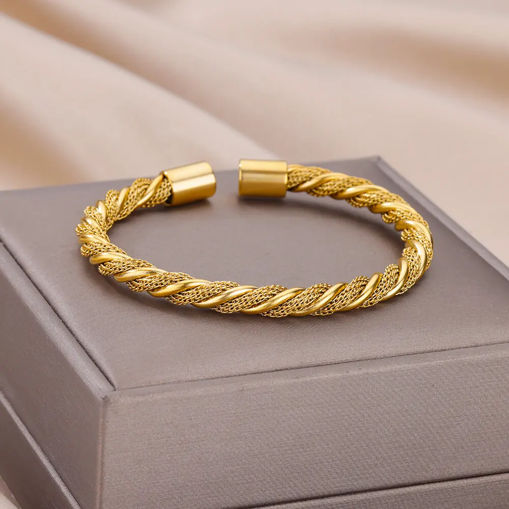 Fashion Round Rope Weave Bangle for Women Men Open Gold Color Stainless Steel Cuff Bracelet Femme  Punk Jewlery Accessories