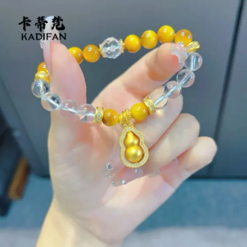 Viora Jewelry 9999 24K real gold dot diamond rotating hoist tiger eye stone white crystal bracelet women 2024 fashion retro arts
