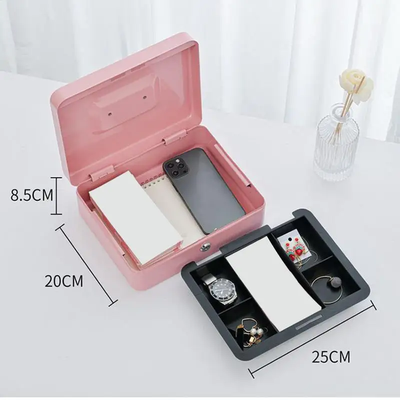 Small Cash Box Metal Safe Carrying Handle Lockable Money Organizer Coin Jewelry Document Valuables Storage For Home Dorm College